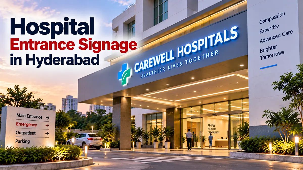 Hospital entrance signage design in Hyderabad
