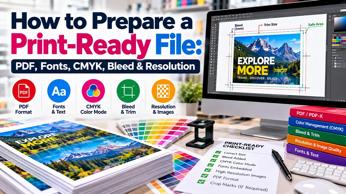 Print-ready file preparation with PDF, fonts, CMYK, bleed and resolution